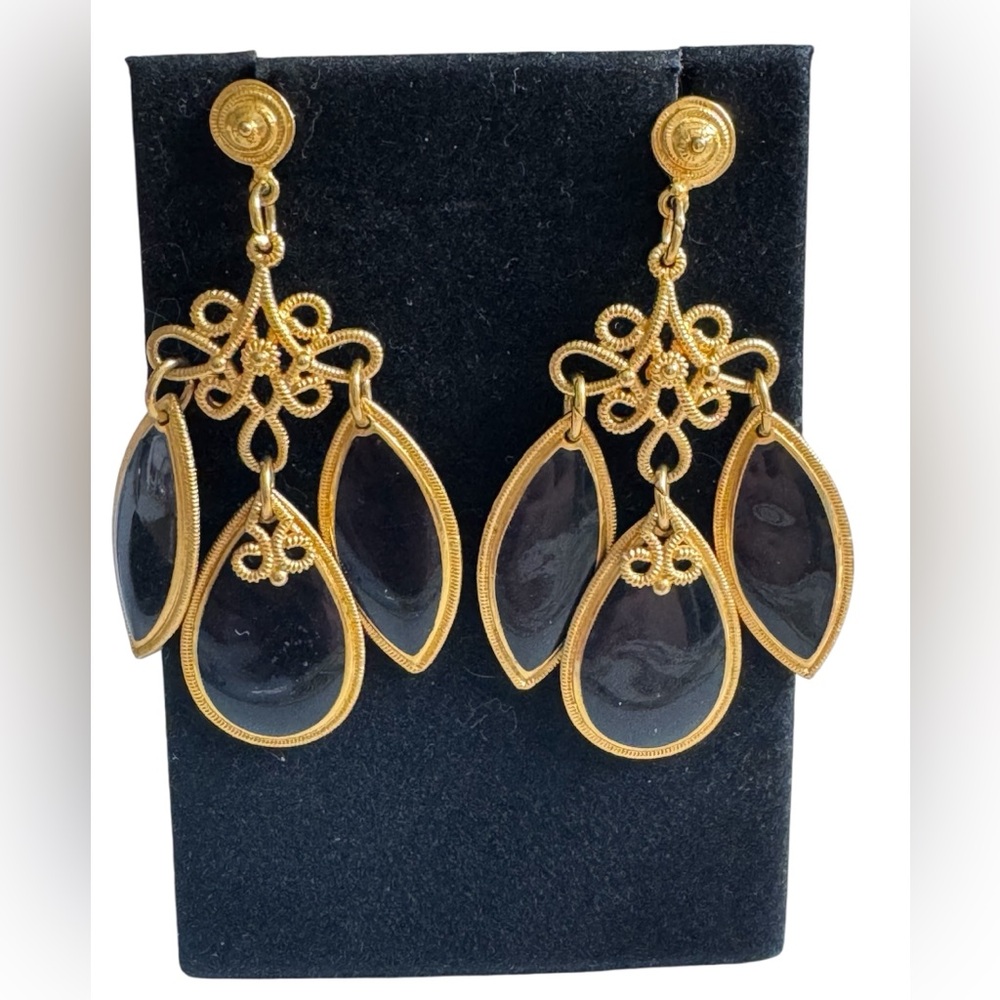 Vintage Edgar Berebi Gold Tone Black Enameled Earrings